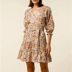 Lusana Floral Paisley Linen Mini Wrap Dress NWOT Size US4